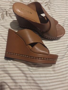 COACH Tan Brown Leather Crisscross Wedge Sandals